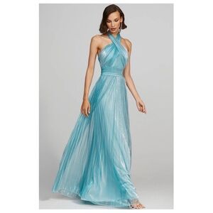 Halston Leilani Pleated Shimmer Elegant Blue Halter Maxi Dress